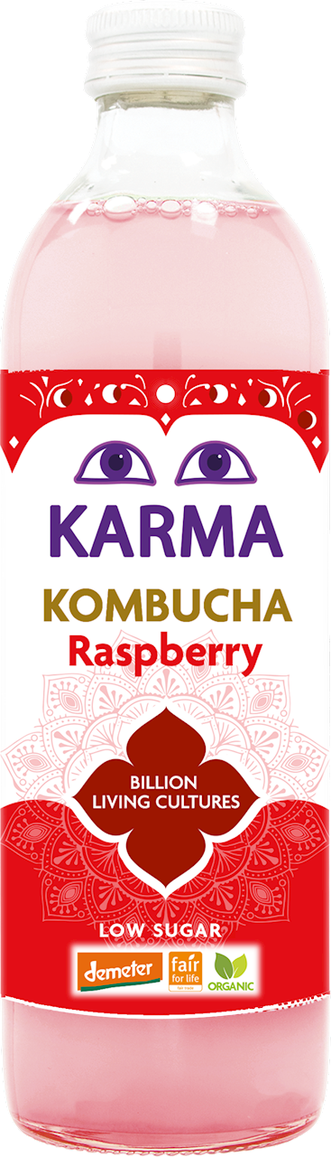 KOMBUCHA O SMAKU MALINOWYM NISKA ZAWARTOŚĆ CUKRÓW FAIR FOR LIFE DEMETER BIO 500 ml - KARMA KOMBUCHA