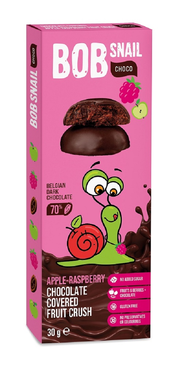 PRZEKĄSKA CHOCO JABŁKO - MALINA W CIEMNEJ CZEKOLADZIE BELGIJSKIEJ BEZ DODATKU CUKRÓW BEZGLUTENOWA 30 g - BOB SNAIL