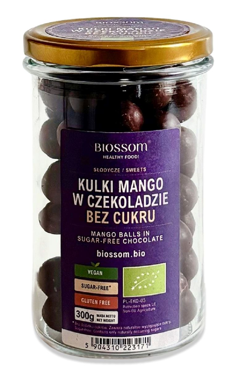 KULKI MANGO W CZEKOLADZIE BEZ DODATKU CUKRÓW BEZGLUTENOWE BIO 300 g - BIOSSOM