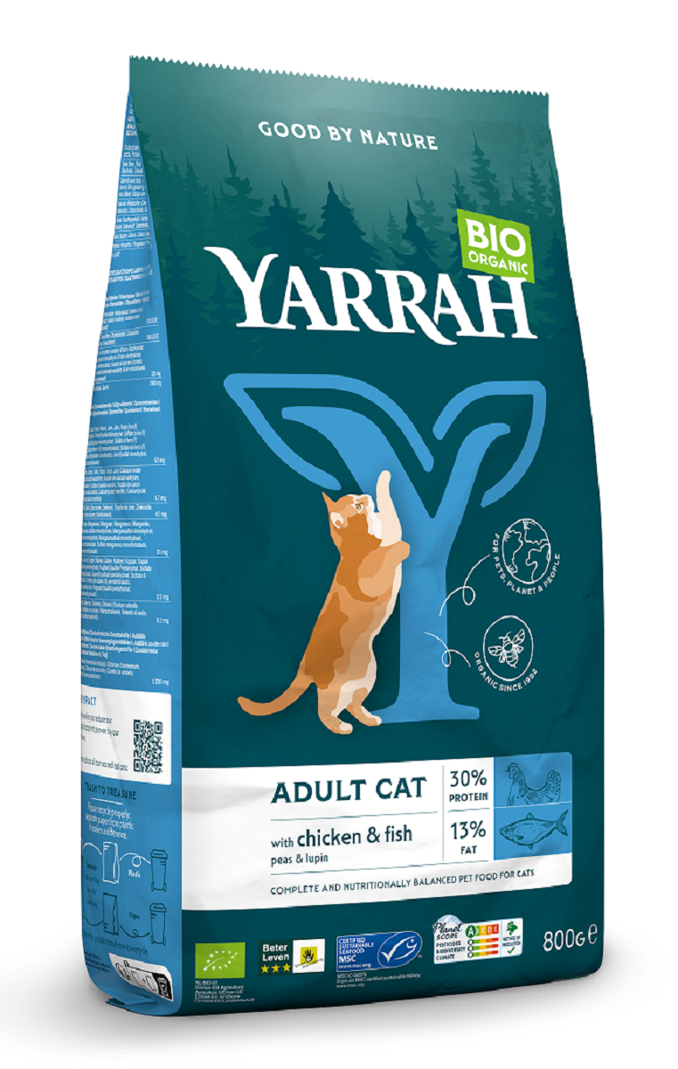 (DLA KOTA DOROSŁEGO) KARMA Z KURCZAKIEM I RYBĄ BIO 800 g - YARRAH